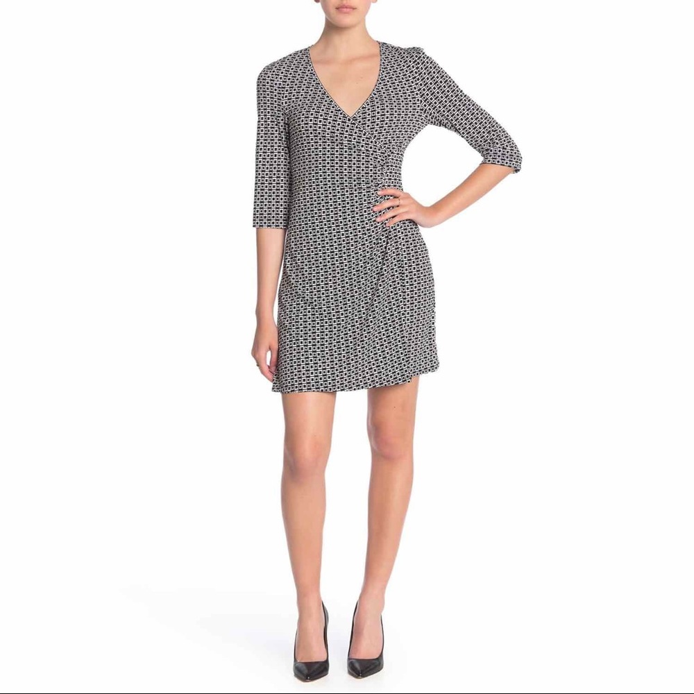 💥 SOLD | NEW Black & White Geometric Faux Wrap Dress